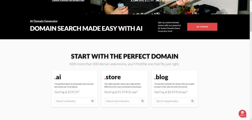 Domain.com different domain ending Screenshot of domain search options featuring AI, store, and blog domain extensions.