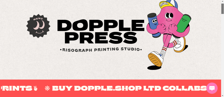 Dopple Press Illustration of Dopple Press, a Risograph printing studio, featuring a character with print materials.