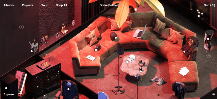 Drake Related Drake Related website showing a graphic image of a sofa in a music studio, with interactive buttons spread across the image