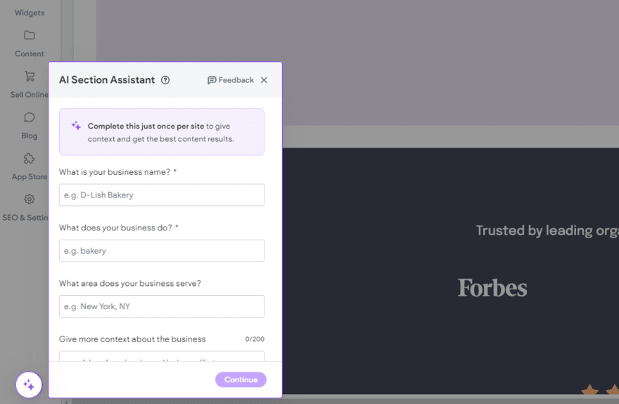 Duda AI section assistant Duda's AI section assistant tool pop up box in the website editor