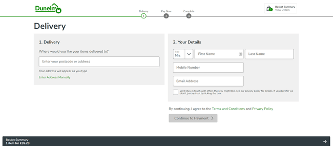 Dunelm Delivery Form dunelm checkout form