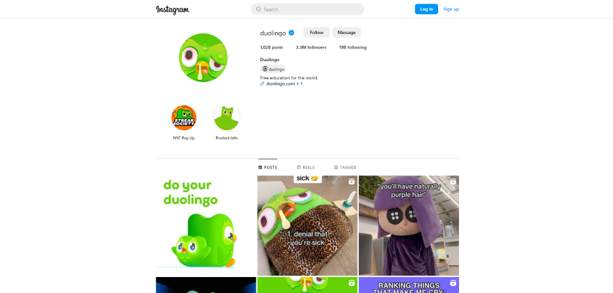 Duolingo Social Media Profile Screenshot of Duolingo's Instagram page with company photos and memes in a grid format