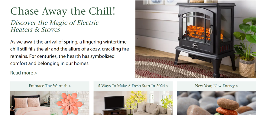 Ecommerce Blog For SEO A blog website with various articles and a photo of an electric stove heater providing a warm ambiance in a cozy home setting.