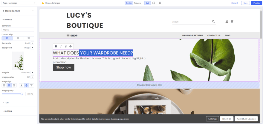 Editing homepage - hero banner text (1) Changing a text box in BigCommerce's website editor