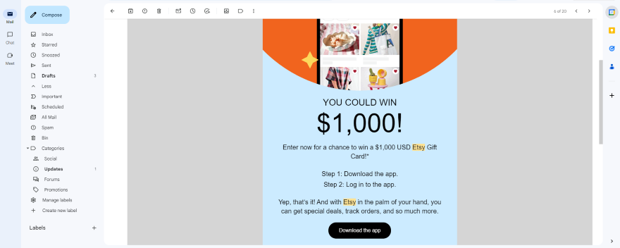 Etsy Email Marketing Example Screenshot of a Gmail inbox with an Etsy email opened offering a competition to win a $1,000 voucher