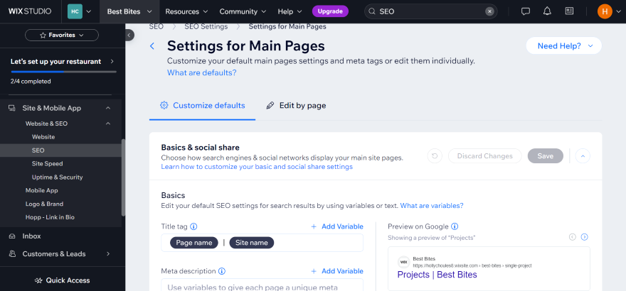 Exploring Dashboard No Code SEO Review Screenshot of Wix Dashboard SEO settings for main pages, illustrating how to customize default page settings for search engine optimization.