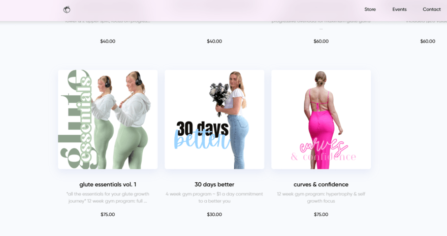 fitness guide website personal trainer BuiltbyLinds' website showing the fitness guides she has available to buy