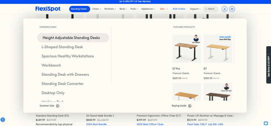 flexispot FlexiSpot website showing different product sections