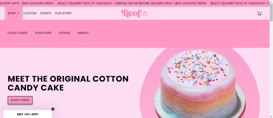 Floof Cotton Candy Example Colorful cotton candy cake with sprinkles showcased on an Floof's website.
