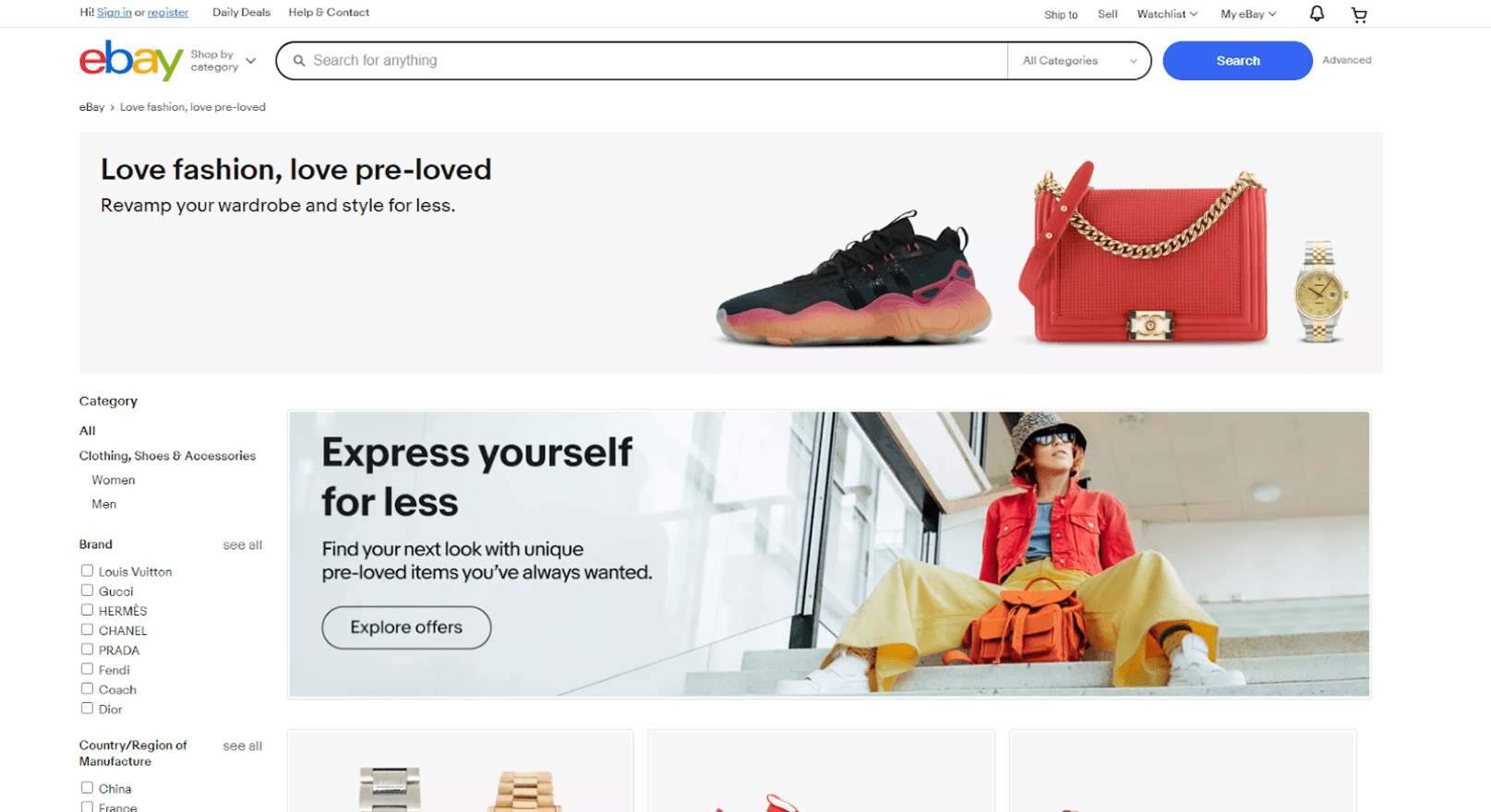 Free advertising eBay eBay homepage with header that says love fashion, love pre-loved