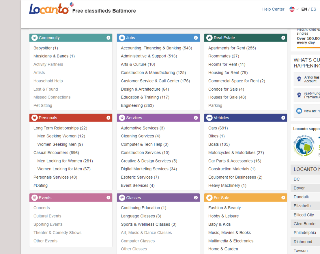 Free advertising Locanto locanto categories page showing 9 key categories