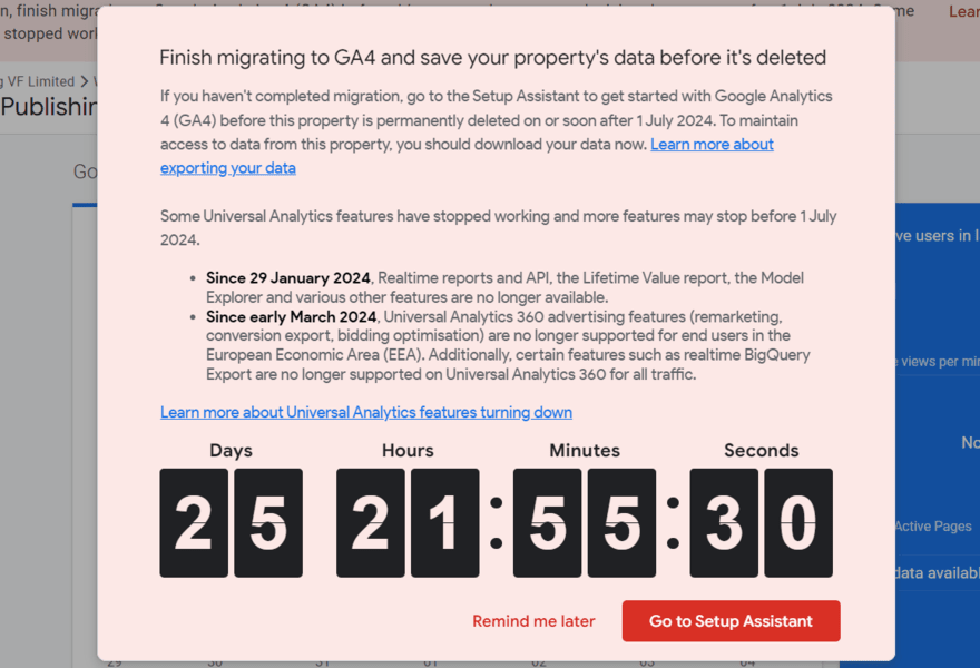 GA4 setup reminder Countdown reminder pop up in GA4 to migrate from Universal Analytics