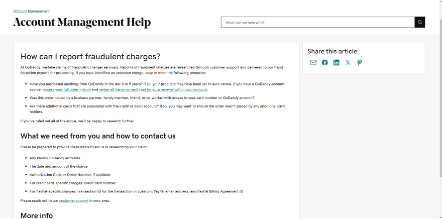GD Lack of Fraud Detection Screenshot of GoDaddy's Account Management Help webpage with information on reporting fraudulent charges.