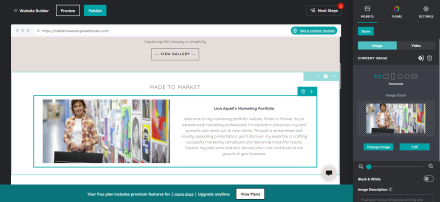 GD Marketing Portfolio Screenshot showcasing the GoDaddy website builder interface with marketing portfolio content.