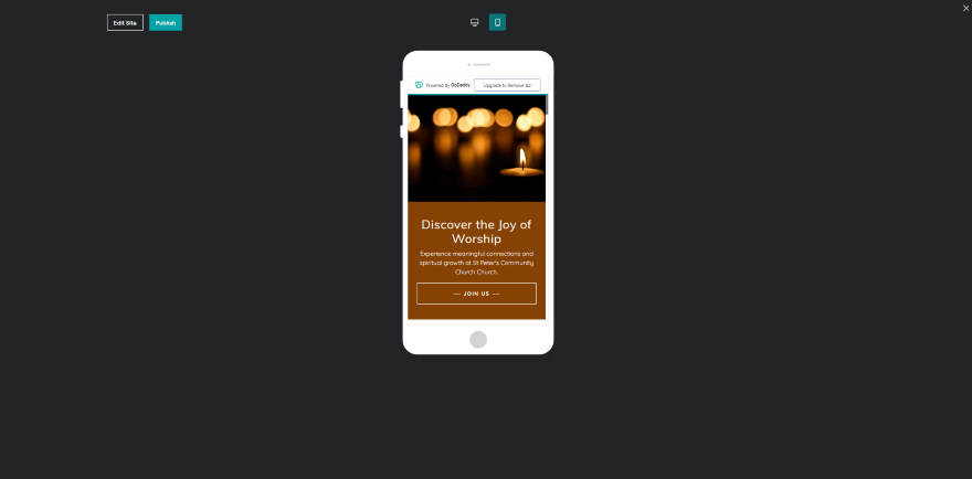 GD Mobile Templates Mobile screen showing a website preview created with GoDaddy Editor featuring a worship theme.