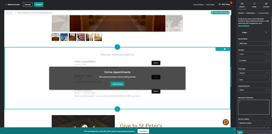 GD Scheduling Tool on Website Screenshot of the GoDaddy website builder editor interface displaying online appointments section.