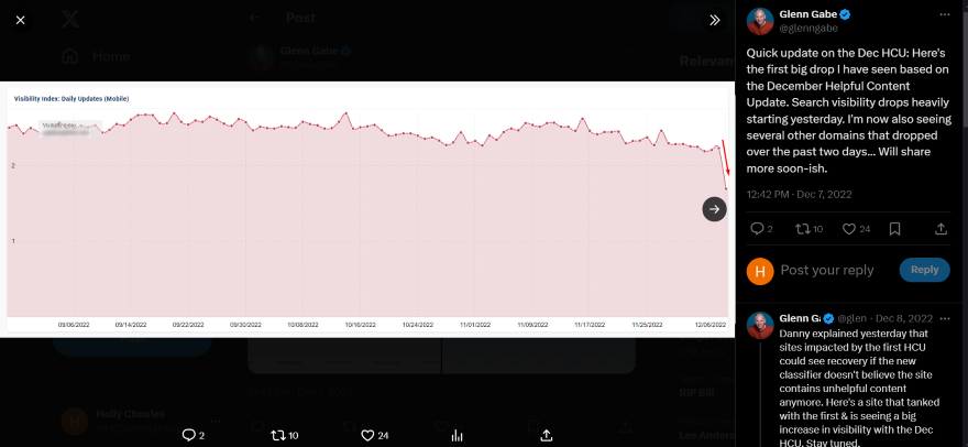 Glenn Gabe December 2022 Helpful Content Twitter screenshot of a graph displaying a drop in website visibility.