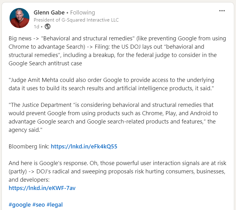Glenn Gabe LinkedIn Post by Glenn Gabe on LinkedIn about potential Google breakup