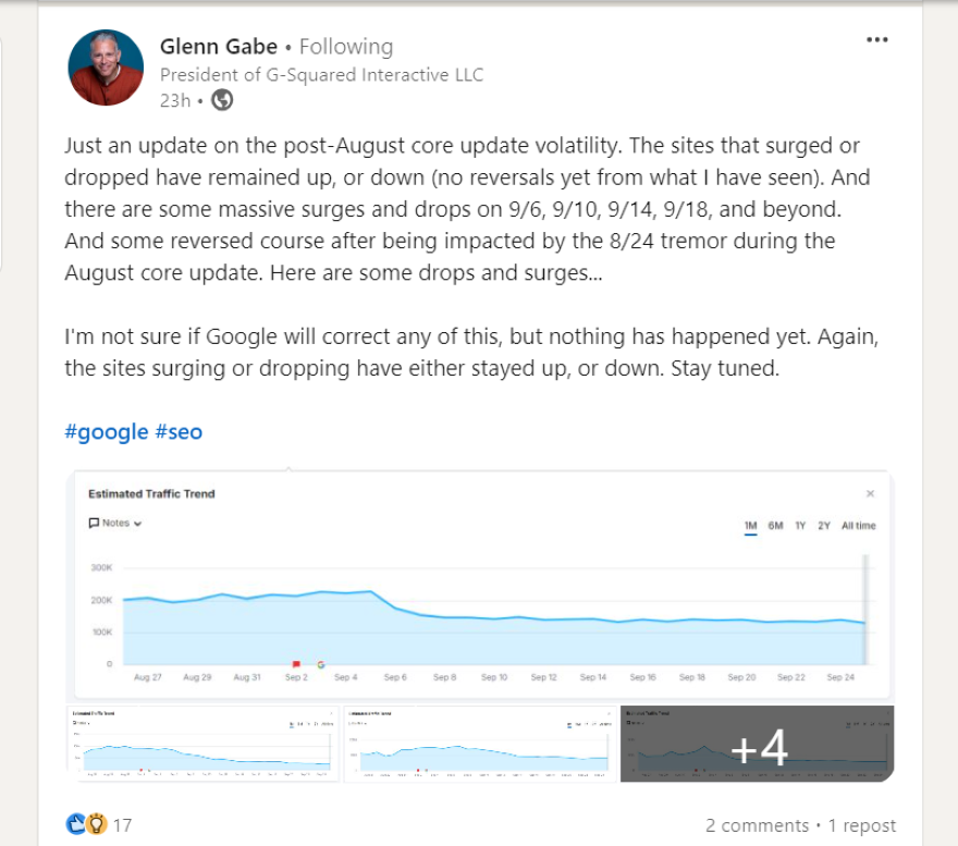 Glenn Gabe Post August 2023 Core Update LinkedIn screenshot of SEO professional Glenn Gabe's analysis of the post core update with graphs