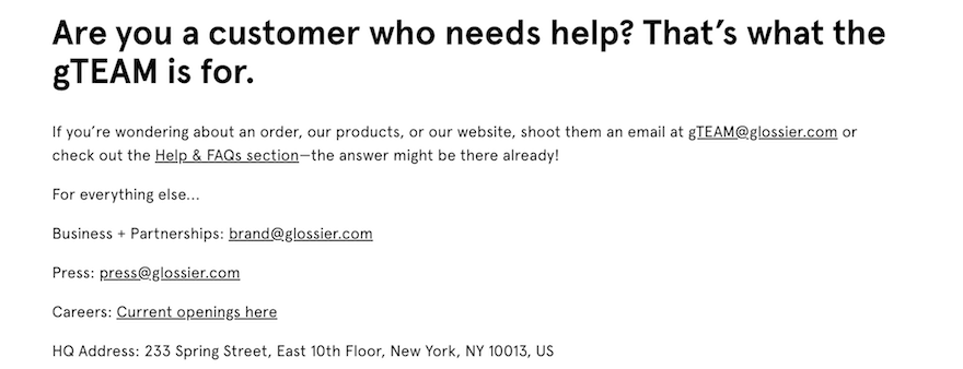 Glossier contact us page screenshot Glossier contact us page black text on white background