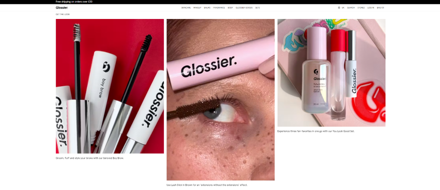 Glossier Good Branding Screenshot of a section of Glossier's landing page showcasing photographic imagery of their products