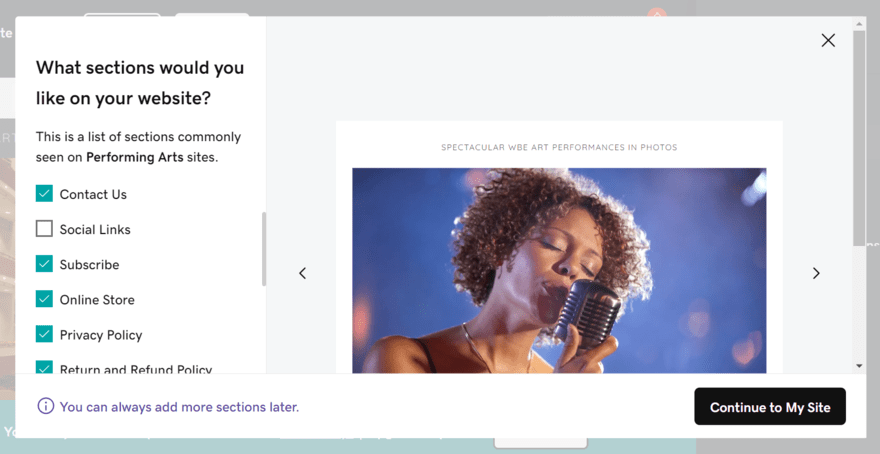 GoDaddy builder GoDaddy AI builder suggesting personalized sections for an performing art website