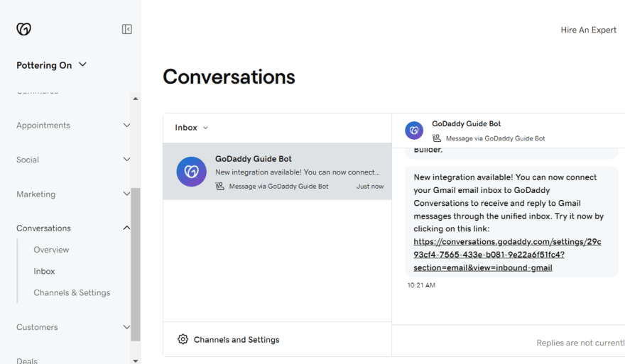 GoDaddy Conversations dashboard GoDaddy Conversations dashboard showing the unified inbox with a message from GoDaddy Guide Bot