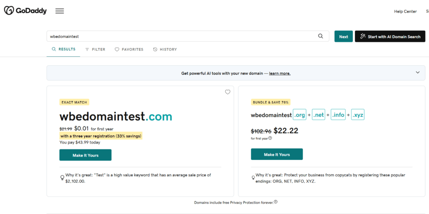 GoDaddy domain name checker GoDaddy domain name check for "wbedomaintest", showing available domains and pricing