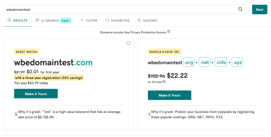 GoDaddy domains Screen showing discounted domain registration deals with price comparison and savings highlighted on GoDaddy