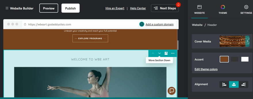 GoDaddy editor (1) GoDaddy editor for a performing artist website