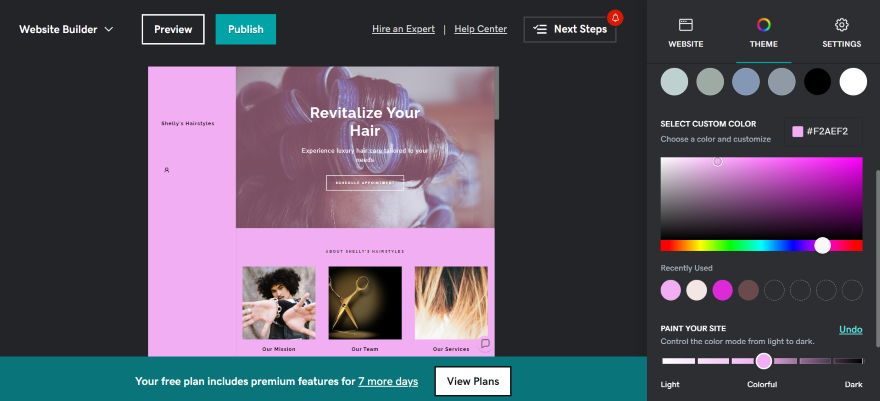 GoDaddy Editor Changing Colors GoDaddy website builder in action, changing the color scheme of a hairstylist website