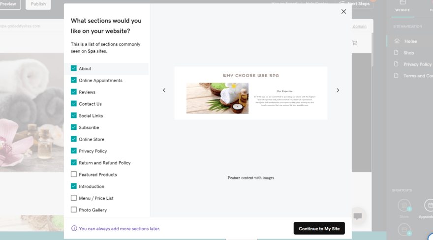 GoDaddy editor onboarding Pop up in GoDaddy's editor asking what type of sections you want for your website