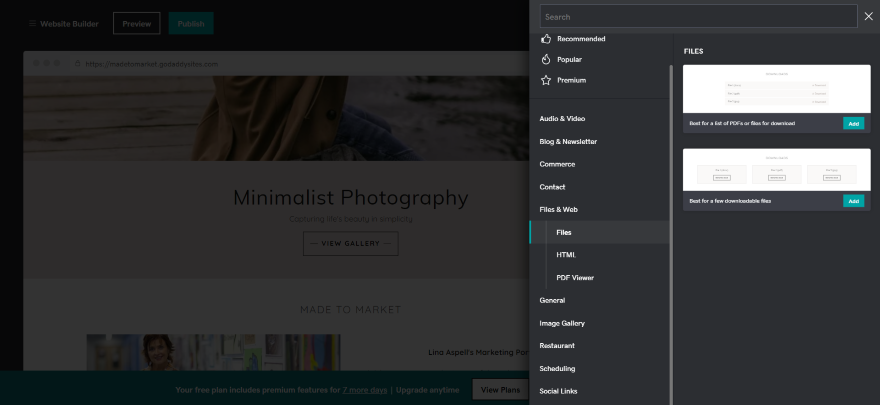 GoDaddy Elements Portfolio PDFs Screenshot of GoDaddy's website editor interface showing options for minimalist photography site customization.