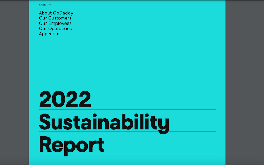 GoDaddy Hosting Sustainability Reports The 2022 GoDaddy Sustainability Report, with the title in black letters on a light blue background.