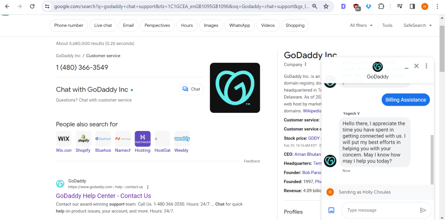 GoDaddy Live Chat Google A Google search result page in the background, showing a GoDaddy live chat popup in the bottom right corner providing support