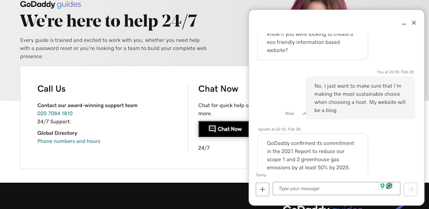 GoDaddy Live Chat GoDaddy “Contact” page with an ongoing live chat in the right-hand corner.
