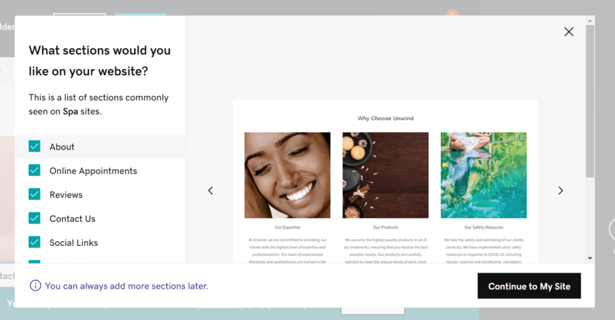 GoDaddy onboarding setup GoDaddy setup page from onboarding asking what sections you'd like on your site