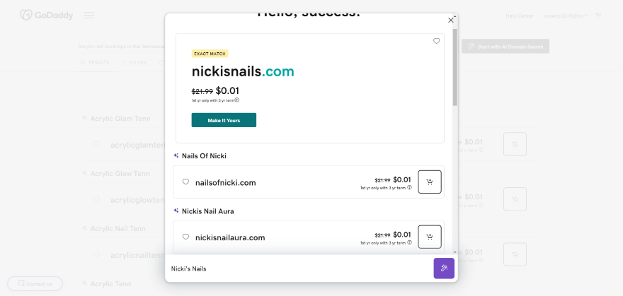 GoDaddy Review Airo Domain Generator Screenshot of domain search results using GoDaddy's AI tool, showcasing a "nickisnails.com" domain and its discounted pricing.