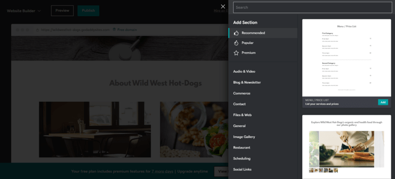 godaddy review editor an inner menu of GoDaddy's editor showcasing tis selections