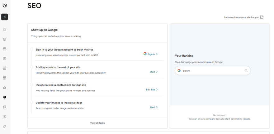 GoDaddy SEO dashboard GoDaddy SEO dashboard with a checklist of steps