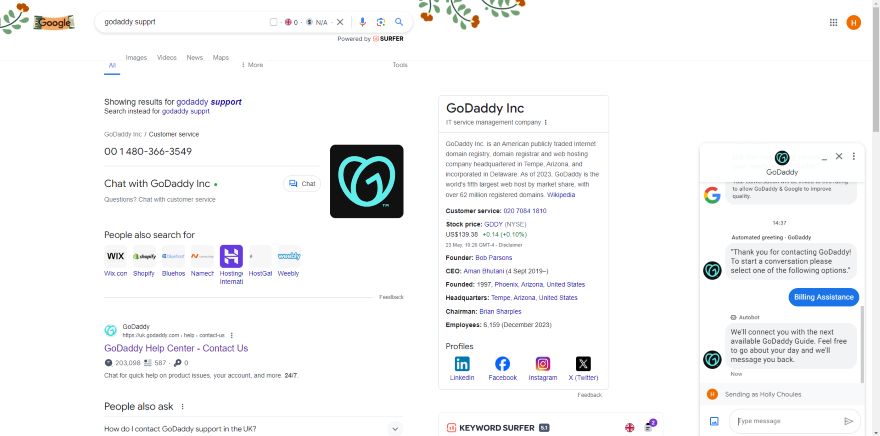 GoDaddy Support Chat Screenshot of search results for GoDaddy support including contact methods, company information, and the live chat popup box at the bottom right.