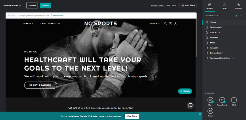 Godaddy vs Wix godaddy editor a sports site in grayscale in a website editor