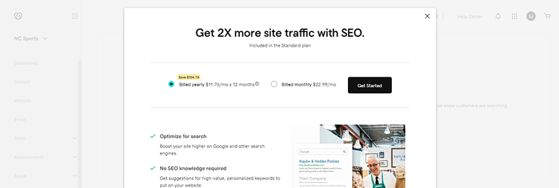 Godaddy vs Wix godaddy seo a window warning users they need to upgrade to use GoDaddy SEO