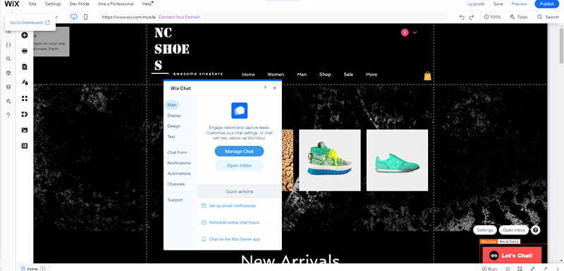 Godaddy vs Wix Wix ai chatbot a sport shoe website with a chat window open