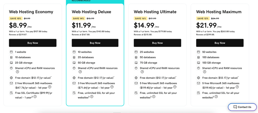 GoDaddy web hosting plans Four GoDaddy shared hosting plans