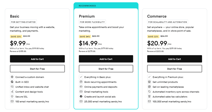 GoDaddy Website Builder Plans GoDaddy's three website builder pricing plans.
