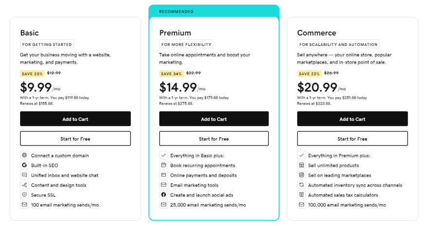GoDaddy Website Builder Pricing September 2024 Three GoDaddy plans listing prices and features for each one