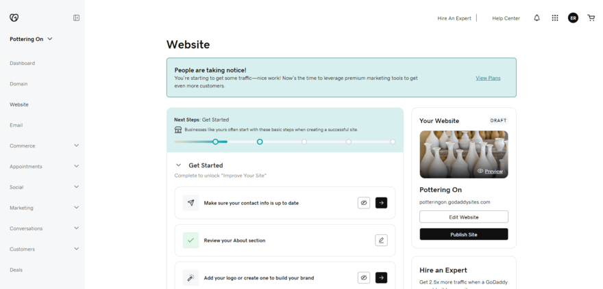 GoDaddy website dashboard GoDaddy account dashboard for its website builder, showing a checklist of steps to help set up a website