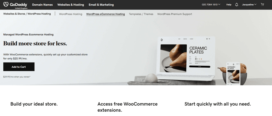 GoDaddy WooCommerce GoDaddy managed WordPress page with image of a ceramic plates website