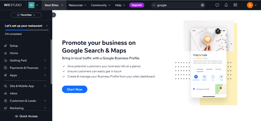 Google Business Account Wix SEO Review Screenshot of the Wix dashboard on a page asking you to connect your website with a Google business account.
